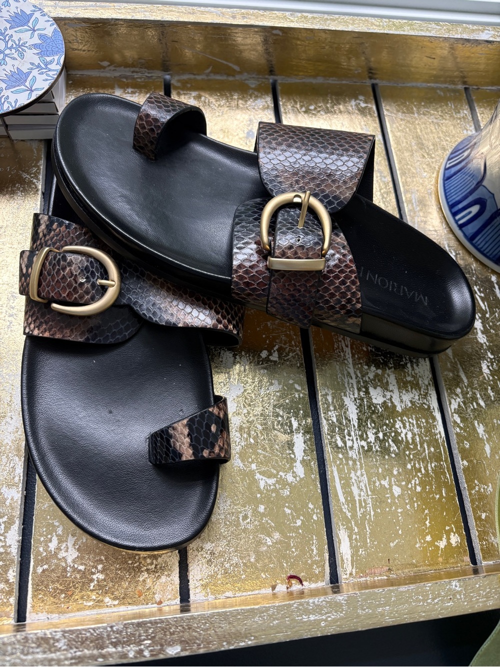 Marion Parke Leather Slide Sandals with Gold Buckle - Brown Snake Print